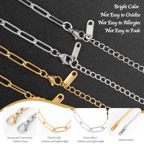 Wurosi 32 Pcs 18K Gold Plated Chain Necklace Bracelets Kit, Paperclip Chains, 18 Inch Bulk Charm Necklace Chain for Jewelry Making, Paperclip Bracelets for Women - color: 32 PCS 18K Gold+Silver
