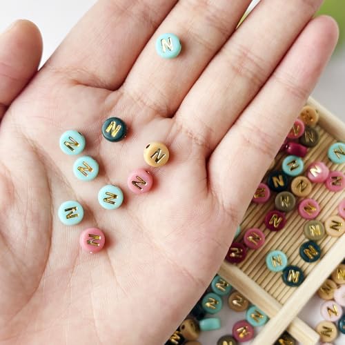200PCS Round Letter Beads,4x7mm Color Acrylic Alphabet Beads Letter N Beads with Letters for Bracelet Making Necklace Keychain Jewelry DIY (Letter N) - color: Letter N