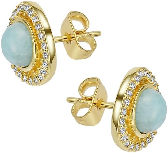 Larimar Stone Stud Earrings for Women, Gold Plated Brass