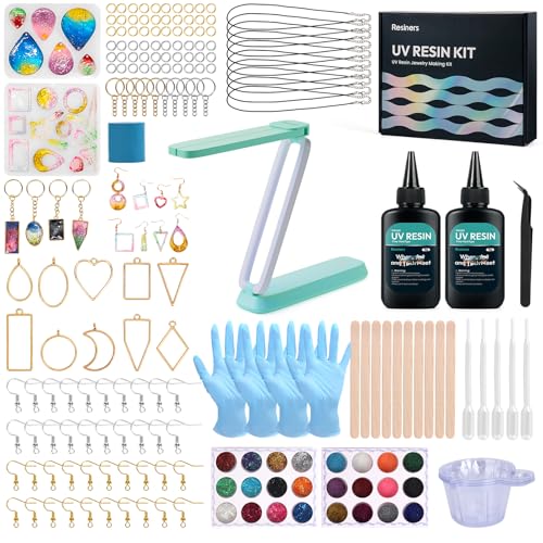 Resiners UV Resin Kit with Light for Adults, 190PCS UV Resin Jewelry Making Kit, Resin Accessories for Keychains, Earrings, Necklaces, Adult DIY Crafts – Not a Toy