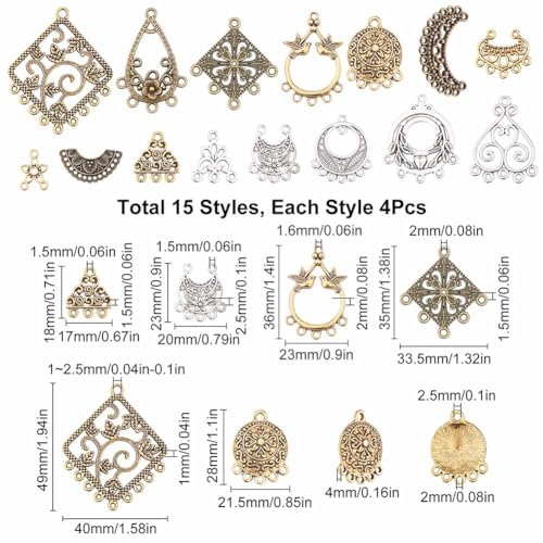 SUNNYCLUE 1 Box 60Pcs 15 Style Tibetan Chandelier Charms Alloy Chandelier Components Links Filigree Flower Linking Charms Teardrop Connector Round Charm for Jewelry Making Charms DIY Supplies Adult - color: 60pcs 15 Style Mixed Color