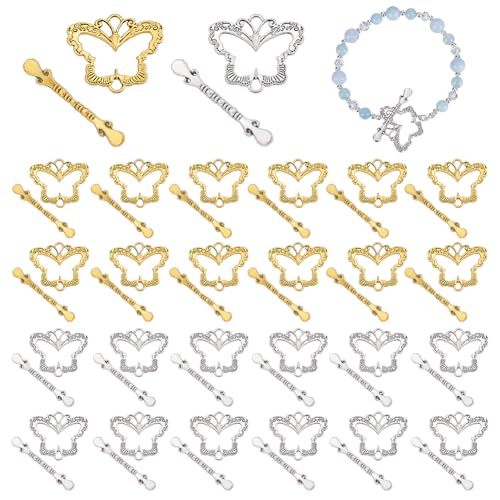 PH PandaHall 30 Sets Butterfly Toggle Clasps, 28mm OT Clasps Alloy Jewelry Clasp Closure Metal T Bar Clasp Closure Clip Connector for Necklaces Bracelets Jewelry Craft Making, Antique Golden/Silver