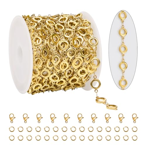 KYUNHOO 13FT/4M Hollow Circle Chains for Jewelry Making Gold Plated Stainless Steel Jewelry Chain Roll with Clasps for Bracelet Necklace DIY - color: Circle Gold