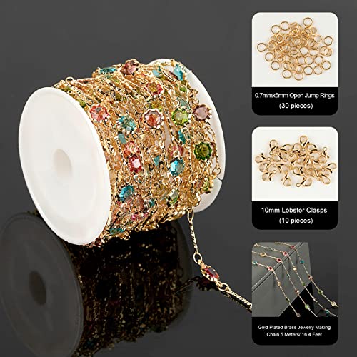 16.4 Feet Gold Plated Chains for Jewelry Making, Mixed Color Rhinestone Chain Links Bracelets Necklace Anklet Chain Bulk with Jump Rings Lobster Clasps - color: Colorful Rhinestone- Gold