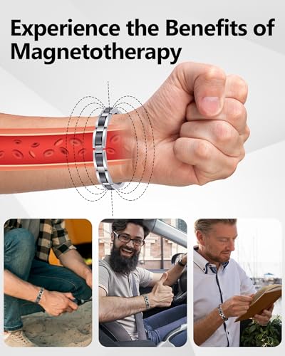Feraco Mens Magnetic Bracelets, Classic Balck Titanium Stainless Steel Bracelet with Natural Hematite Magnet Stones,Men's Jewelry Gifts, 8.66 inch - color: Silver
