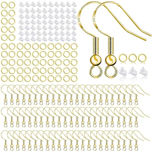 Hypoallergenic Earring Hooks 500 PCS/75 Pairs, Earring Making kit,Ear Wires Fish Hooks with Jump Rings and Clear Silicone Backs Stoppers - color: Gold, size: 500pcs
