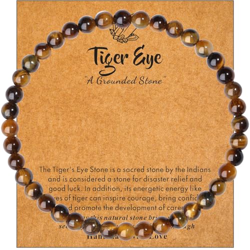 MAIBAOTA Healing Crystal Bracelet for Women Men, 8/4 mm Natural Stone Beaded Bracelets, Jewelry Birthday Gifts, Round Gemstones Stretch Bracelets - color: Brown-Tiger Eye, size: 4 mm