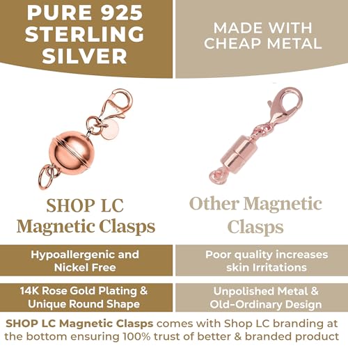 Magnetic Clasps for Necklaces in 925 Sterling Silver Magnetic Necklace Clasp 14K Rose Gold Plated Round Jewelry Lock with Lobster Clasp Women 2.50 Grams Gifts - color: Rose Gold