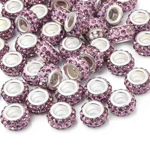 50 PCS Large Hole Rhinestone European Crystal Charm Spacer Beads for Pens Making Bulk Beadable Pens Jewelry Making Supplies DIY Crafts Bracelet (Purple, 12mm) - color: Purple