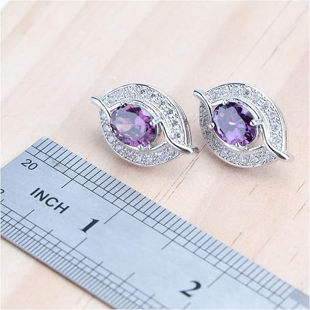 OLALACLAYCO, 4 Pcs Flower Drop Emerald Green Big Cubic Zircon Dubai Women Party Costume Jewelry Sets for Brides Wedding Luxury, Platinum Plated Jewlery Set, gifts for family and loved ones during the holidays. (Purple Zircon 925 Silver)