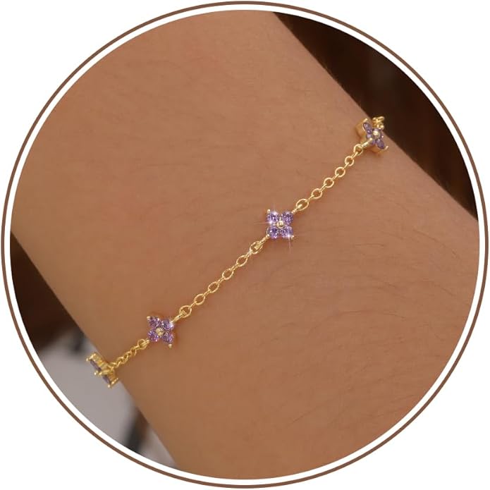 JSJOY Birthstone Bracelets for Women, 14K Gold Bracelets for Women Mom Gifts Birthday Valentines Day Gifts for Gf Dainty Flower Gift for Her Birthstone Bracelet Mothers Day Gift