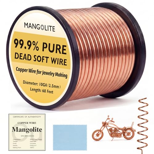 10 Gauge/2.5mm Copper Wire 2 Pound Spool – 68 feet Heavy Duty 99.9% Pure Dead Soft Bare Wire with Polishing Cloth & COA for Electroculture Gardening, Jewelry Making, Grounding & DIY Crafts - size: 10 Gauge, style: 2 Pound