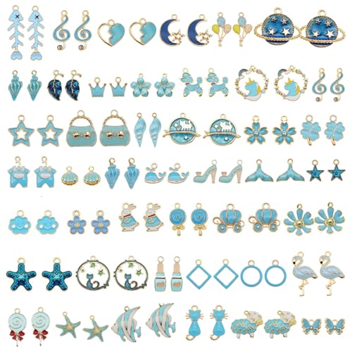 JJG Wholesales 80pcs(40PAIRS) Assorted Gold Tone BLUE Theme Enamel Dainty Dangle Pendants Charms for Earrings Jewelry Making Necklace Bracelet Craft Findings - color: BLUE