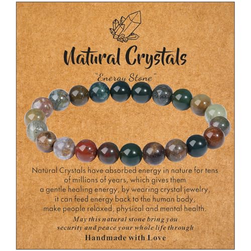 MAIBAOTA Healing Crystal Bracelet for Women Men, 8/4 mm Natural Stone Beaded Bracelets, Jewelry Birthday Gifts, Round Gemstones Stretch Bracelets - color: Multi-Indian Agate, size: 8 mm