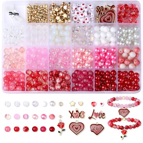 DUQGUHO Valentine's Day Beads for Jewelry Making, 8mm Red Pink White Glass Beads for Bracelet, Heart Beads Gold Bead and Sweet Heart Charms for Bracelet Necklace Crafts DIY 580PCS - color: 14-Red Pink White