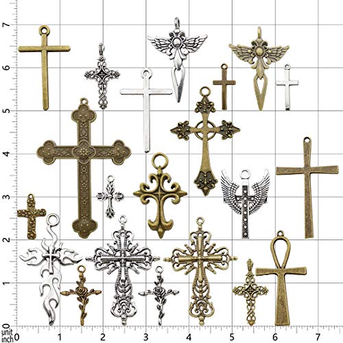 Youdiyla 100g Big Cross Pendants Collection - Antique Bronze Silver Sword Holy Angel Jesus Peace Cross Crucifix Metal Charms for Jewelry Making DIY Findings (HM23)