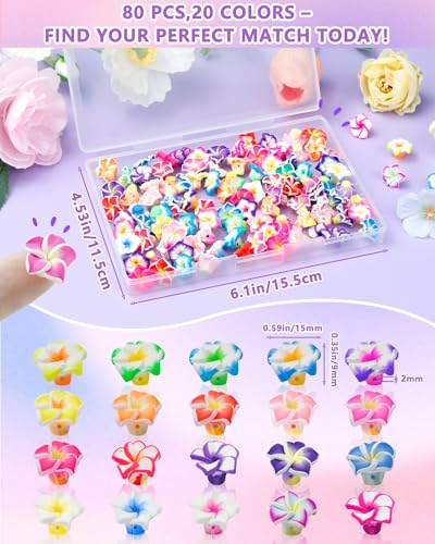 FIVEIZERO 80PCS Clay Plumeria Flower Beads, 20 Colors Hawaiian Polymer Floral Bead Charms for Bracelets, Necklaces & DIY Jewelry Making Crafts - color: Polymer Clay Plumeria