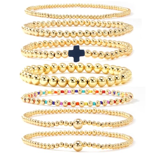 14K Gold Beaded Cross Beaded Bracelet Stack Set for Women,7PCS Bohemian Colorful Beads Ball Stretch Stackable Bracelets Trendy Holiday Birthday Gift - color: Navy Blue