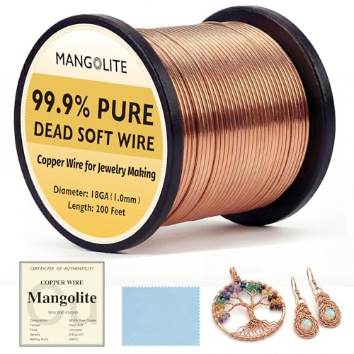 18 Gauge/1.0mm Copper Wire for Gardening & Jewelry – 200 Feet 1 Pound Spool with Polishing Cloth & COA – 99.9% Pure Dead Soft Bare & Skin Safe Uncoated Craft Wire for Plant Ties & DIY - size: 18 Gauge, style: 1 Pound