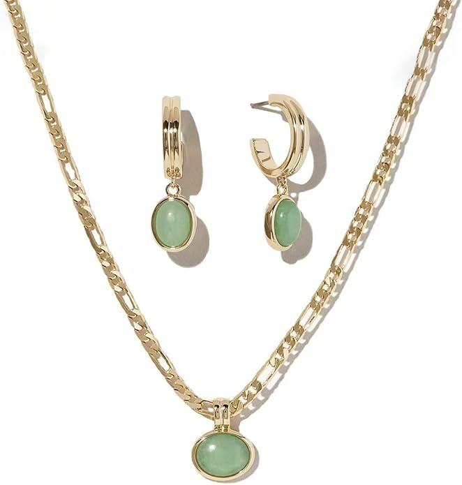 DISTANT DRUMS Simple Natural Green Aventurine Stone Jewelry Set for Women,Hoop Earrings,Bracelet,Necklace,18K Gold-plated Spiritual Gift,Fortunate Stone Jewelry,Choker