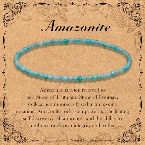 BONNY BOXX Natural Genuine Gemstone Faceted Round Beads Bracelets, 3mm Adjustable Stretchy Tiny Faceted Black Tourmaline Bracelet, Healing Crystal Reiki Chakra Dainty Jewelry Fashion Gifts - color: Amazonite
