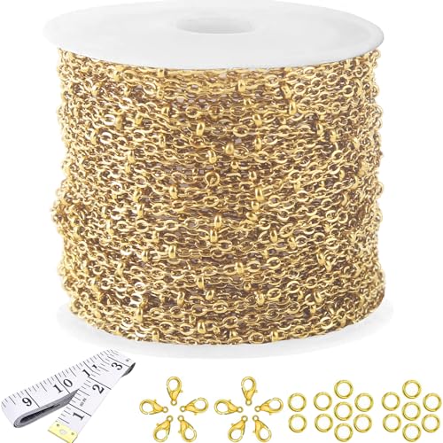 16Ft Stainless Steel Bead Chain for Jewelry Making, 1.6mm Thin Gold Plated Ball Beaded Cable Link Chains Roll for DIY Necklace Bracelet Jewelry Making Supplies with Lobster Clasps Soft Tape Measure - color: Cross Bead Gold