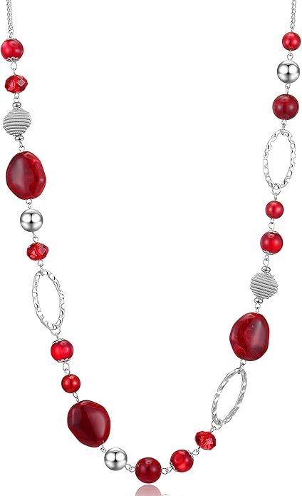 BULINLIN Beaded Long Necklace for Women Silver Sweater Chain Necklace with Crystal Resin Beads, Fashion Jewelry Necklace