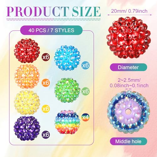40 Pcs 20 mm Rhinestone Beads Bulk Crystal Round Disco Ball Chunky Bubblegum Beads for Pens Bracelets Charms Craft European Style Jewelry Making Supplies Christmas(Rainbow) - color: Rainbow