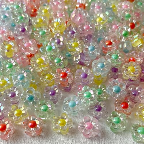 200pcs Ab Color Flower Bead Acrylic Colorful Beads Transparent Straight Hole Inner for DIY Jewelry Bracelet Necklace Phone Chain Keychain(ab Flower) - color: 200pcs-flower