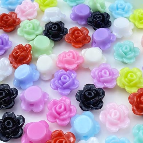 200pcs Acrylic Rose Flower Beads Candy Color Flat Back Spacer Beads Loose Pastel Colorful Decor for DIY Crafts Jewelry Making Bracelet Necklace Earrings(Mixed Color) - color: Mixed Color