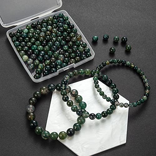 100Pcs Natural Stone Beads 6mm Moss Agate Round Gemstone Loose Beads with Elastic Bracelet String for Bracelets Necklace Jewelry Making - color: Moss Agate, size: 6mm