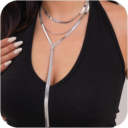 2Pcs Gold Long Snake Chain Y Drop Necklaces for Women Trendy Statement Layered Lariat Choker Necklace Y2K Formal Prom Party Jewelry Accessories Gift