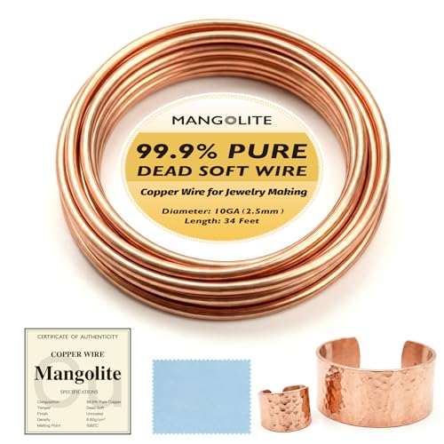 10 Gauge/2.5mm Copper Wire for Gardening & Jewelry – 34 Feet 1 Pound Spool with Polishing Cloth & COA – 99.9% Pure Dead Soft Bare & Skin Safe Uncoated Craft Wire for Electroculture & DIY - size: 10 Gauge, style: 1 Pound