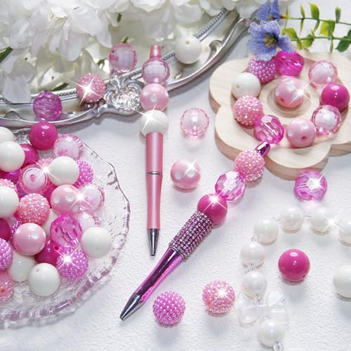 48 Pcs 20mm Beads for Pens Rhinestone Bubblegum Beads Mixed Crystal Acrylic Round Chunky Bead Sparkly Craft Large Balls Bead for Pen Beadable Keychain Bracelet Necklace DIY Jewelry Making Supplies - color: Pink series