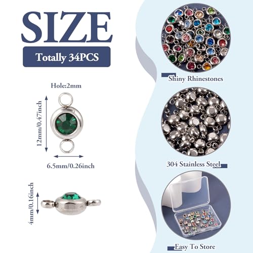 Pandahall 34Pcs Rhinestone Connector Charms Birthstone Charms Stainless Steel Links Connectors Flat Round Linking Charms Glass Gemstone Crystal Pendant for Christmas Bracelet Earring Jewelry Making