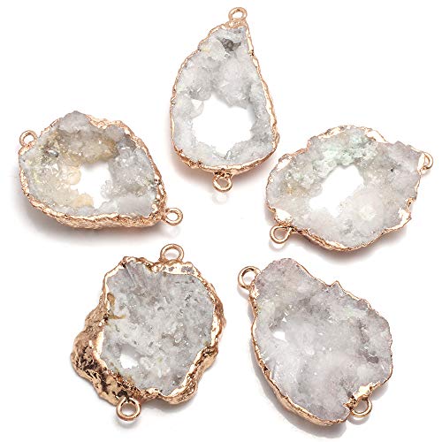LHJ 5Pcs Natural Druzy Agate Links Necklace Pendants Gemstone Charm Connectors Golden Plated for Necklace Bracelet Jewelry Making - color: white golden, size: 30-35mm