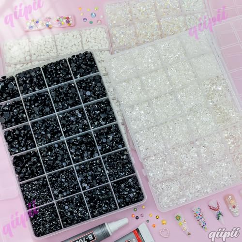 qiipii 4 Colors 2-6mm Black White Transparent Jelly Resin Rhinestones w B7000 Jewelry Glue for Bedazzling Crafting Flatback Stones Gems Diamonds for Nails Face Eyes Makeup Tumblers Bottles DIY Crafts - color: Black / White / Transparent Series Rhinestones