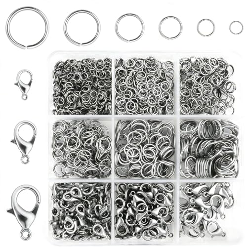 1050 Pieces Open Jump Rings and 150 Pieces Lobster Clasps, Silver Jump Rings Metal Split Connectors for Jewelry Making Crafts (Silver) - color: Silver
