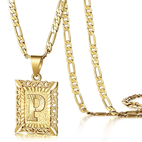 KissYan Initial Letter Pendant Necklace for Men Women, 14K Gold Plated Square Capital Monogram Necklace Alphabets from A-Z Figaro Chain Jewelry - color: 1-Gold, style: P