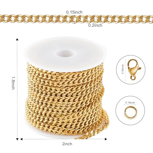 Kyutong 16.4 Feet Gold Plated Craft Chains for Jewelry Making Stainless Steel Curb Chain Roll for Women Men Necklace Bracelet DIY Supplies Findings - color: Gold Curb