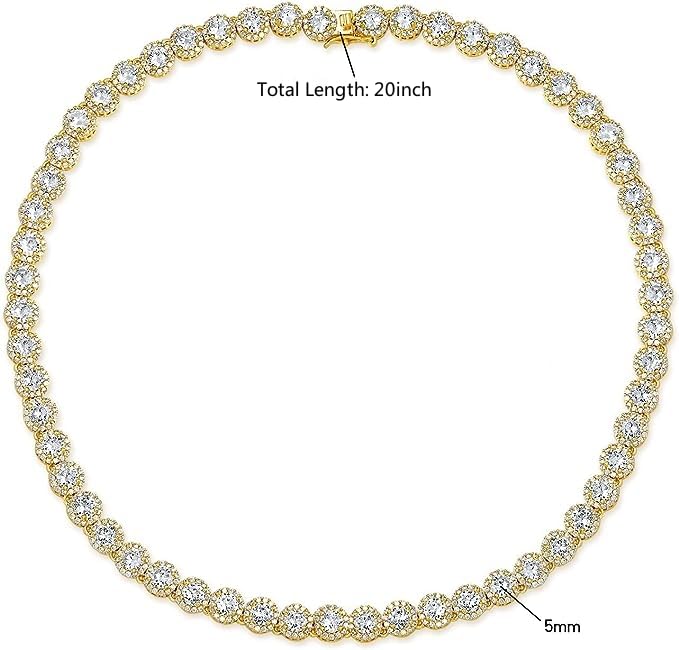 Gemsme 18K White Gold Plated Halo Necklace 5.0mm Round Cubic Zirconia Classic Tennis Necklace - color: Yellow Gold, size: 20 inch