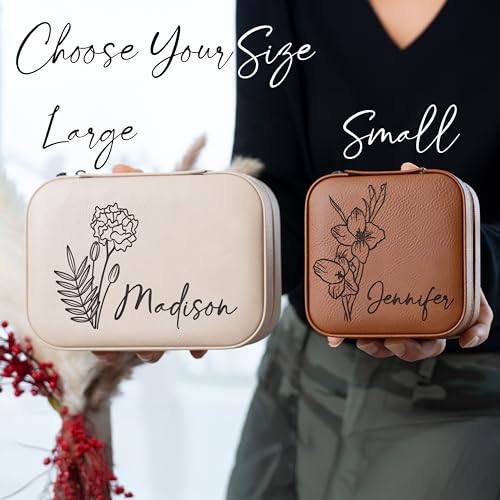 Custom Leather Customized Jewelry Organizer Box w/Name & Birth Flower Month - Birthday Gifts for Women, Mom Personalized Jewelry Travel Case - Beige - color: Rose