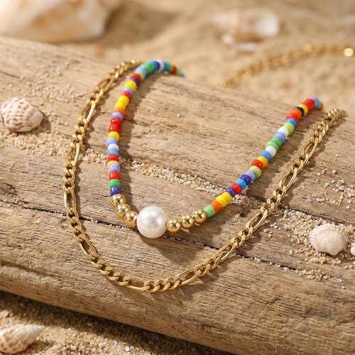 Colorful Gold Stack Seed Beaded Choker Necklace Set for Women,Handmade Boho Fashion Christian Cross Heart Freshwater pearl Jewelry,Valentine's Summer Holiday Beach Friendship Gift - color: Pearl