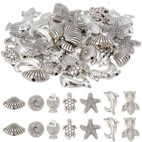 SUNNYCLUE 70PCS 7 Styles Silver Sea Beads Marine Beads Sea Ocean Animal Summer Hawaii Turtle Fish Shell Animals Alloy Metal Loose Spacers for Jewelry Making Beading Kit Bracelets Supplies