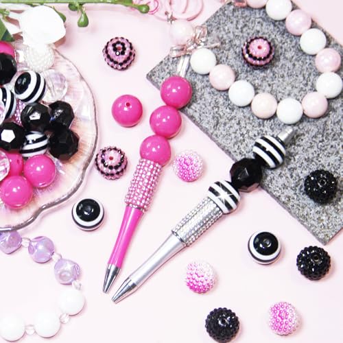 Exway 48 Pcs 20mm Black Pink Acrylic Resin Rhinestone Bubblegum Beads, Round, Large, Sparkly Craft Beads for Pen, Beadable Keychain, Bracelet, Necklace, DIY Jewelry Making Supplies - color: Black