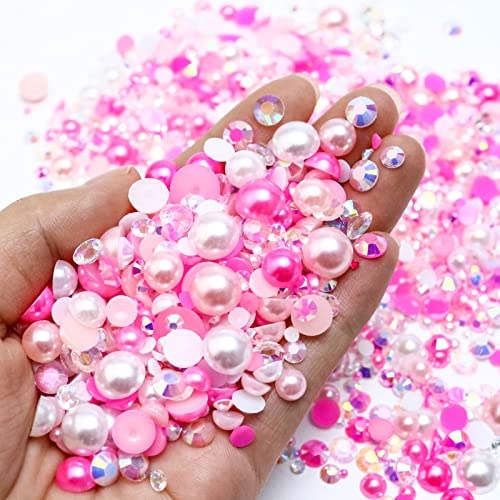 Townem 60g Mix Pearls and Rhinestones for Crafts, 2mm-10mm Flatback Gems for Tumblers Shoes Nails Face Art, Bedazzling Half Pearls and Rhinestones, Light Pinks|White - color: Pink Girl Blend | Mix Light Pinks | White