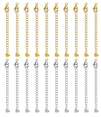 Gold Necklace Extender Stainless Steel Extension Bracelet Chains with Lobster Clasps and Heart Chain Tags for Women Jewelry 20PCS （Gold and Silver） - color: Heart