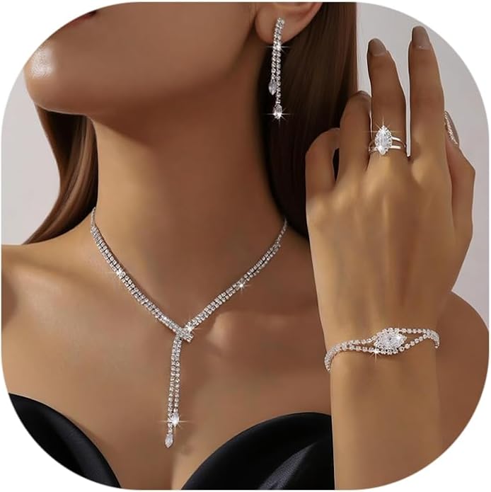 4 Pieces Cubic Zirconia Wedding Jewelry Sets for Bride Rhinestone Bridal Jewelry Set Necklace Bracelet Earring Ring for Brides Bridesmaid for Wedding Party