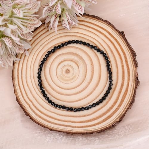 BONNY BOXX Natural Genuine Gemstone Faceted Round Beads Bracelets, 3mm Adjustable Stretchy Tiny Faceted Black Tourmaline Bracelet, Healing Crystal Reiki Chakra Dainty Jewelry Fashion Gifts - color: Black Tourmaline