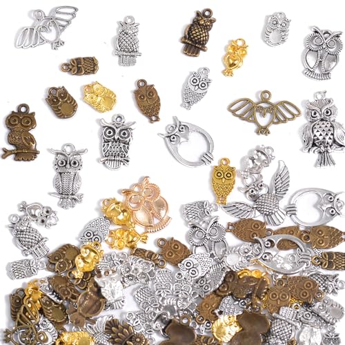stino 100g Metal Pendant Charms for Jewelry Making, Bulk Silver & Gold Plated Charms for Braclet Necklace Crafts, Animal Plant Flower Pet and so on - color: Owl Silver & Bronze
